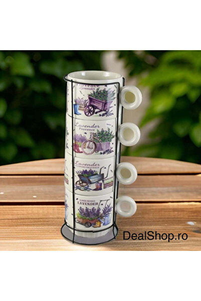 dealshopromania Set de 4 cești ceramice cu suport metalic Lavandă 250 ml