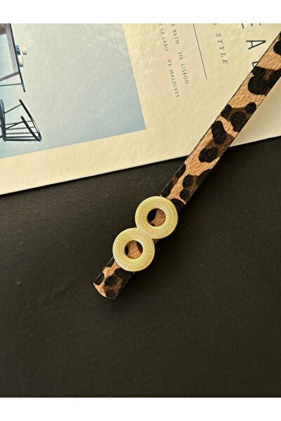 TABA BUTİK Gold Buckle Detailed Leopard Patterned Women's Suede Belt 105 cm