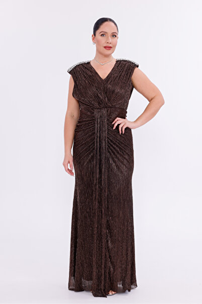 BDM Exclusive Simli Şifon Kolsuz Omuz Taş İşlemeli Drapeli Büyük Beden Abiye Elbise