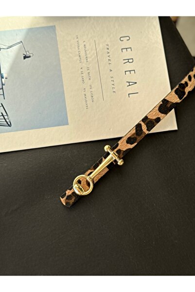 TABA BUTİK Gold Buckle Detailed Leopard Patterned Women's Suede Belt 105 cm