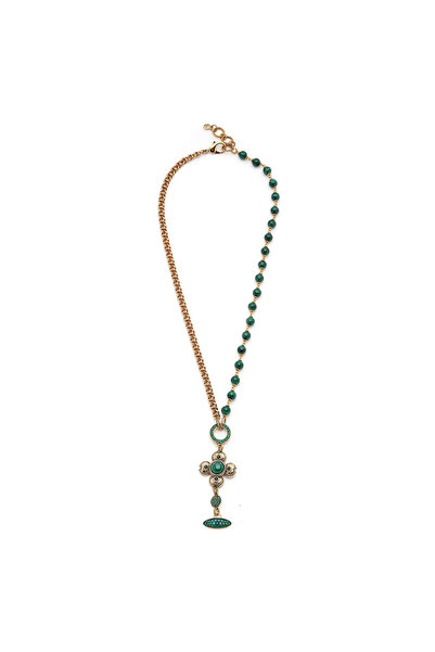 Mon Reve Quiet Ember Malahit Doğaltaş Yonca Charm Altın Kaplama Zincir Kolye