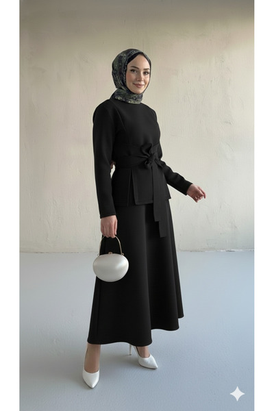 Blue Morpho Scuba Fabric Belt Detailed Skirt Set