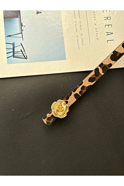 TABA BUTİK Gold Buckle Detailed Leopard Patterned Women's Suede Belt 105 cm