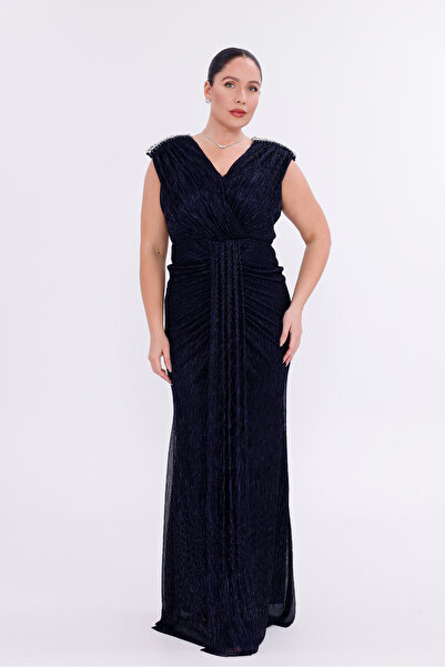 BDM Exclusive Simli Şifon Kolsuz Omuz Taş İşlemeli Drapeli Büyük Beden Abiye ...