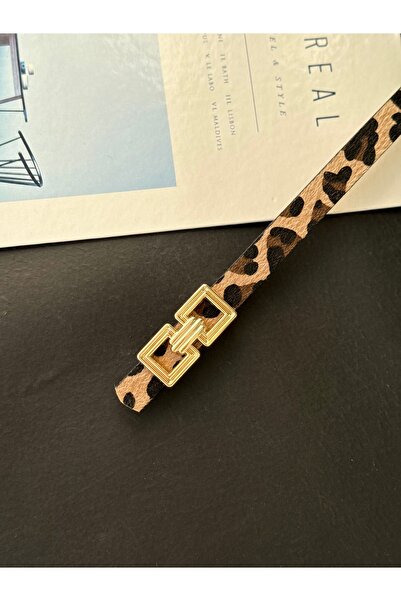 TABA BUTİK Gold Buckle Detailed Leopard Patterned Women's Suede Belt 105 cm