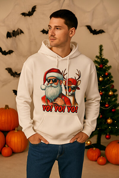 ocke Men's White Christmas New Year Printed Hooded Hoodie Sweatshirt