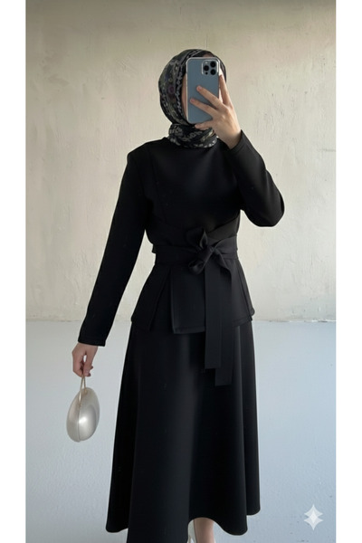 Blue Morpho Scuba Fabric Belt Detailed Skirt Set