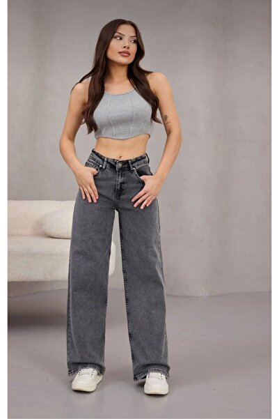 MRİABE Kadın Yüksek Bel Kar Yıkama Likralı GenişPaca Pallazo JEANS (BEDEN TAB...