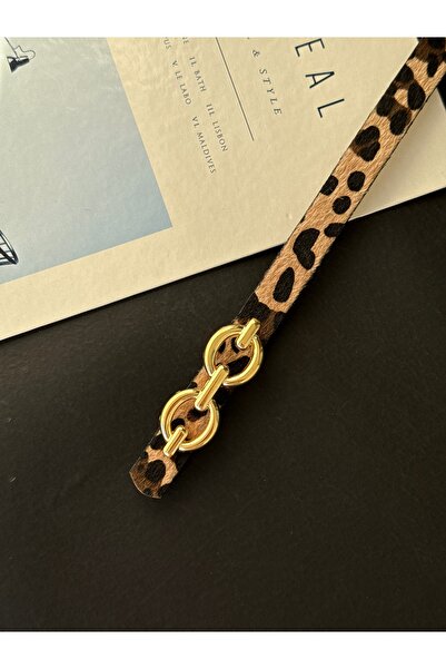 TABA BUTİK Γυναικεία σουέτ ζώνη με λεοπάρ σχέδιο με χρυσή αγκράφα 105 εκ.
