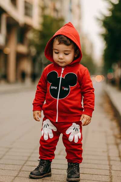 elfanto kıds Hooded Zippered Red Sports Suit”
