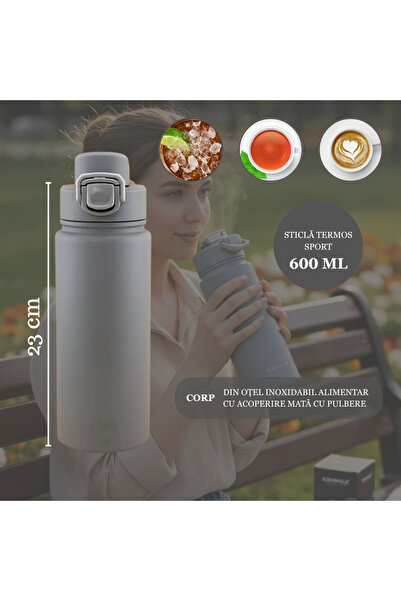 Salestore.ro 600ml Stainless Steel Thermos Bottle, double wall thermally insulated with leak-proof lid, Gray