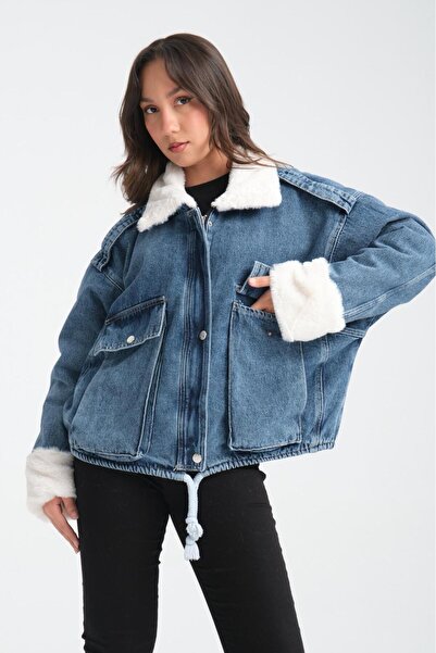 NEWLAKER Women's Belt Detailed Fur Lined Premium Denim Jean Coat