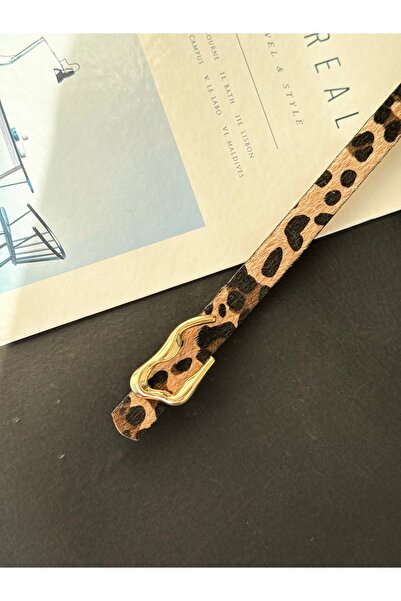 TABA BUTİK Gold Buckle Detailed Leopard Patterned Women's Suede Belt 105 cm