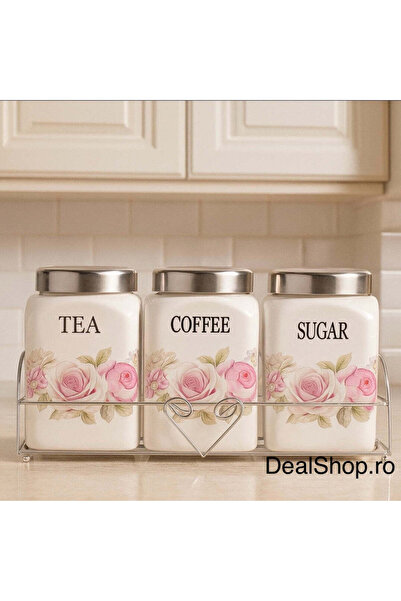 dealshopromania SET 3 RECIPIENTE CONDIMENTE CERAMICA CU CAPAC INOX SI SUPORT ...