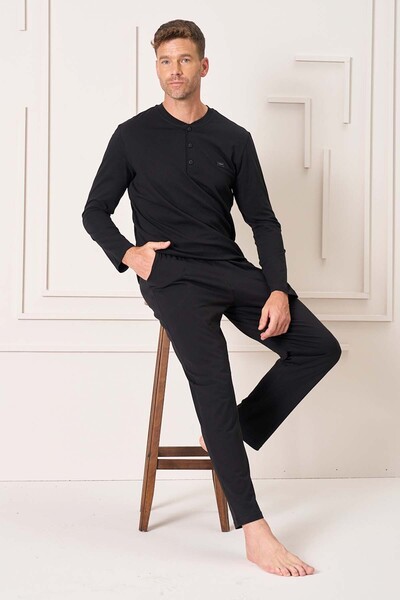 REMSA Ανδρικό σετ πιτζάμες με μακρυμάνικο βαμβακερό 4110 Μαύρο01