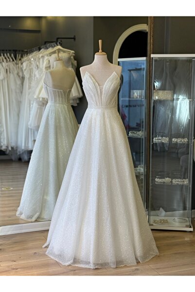 Lenta Wedding Beyaz Simli Drepa Detaylı Maxi Boy Nişan Ve Gece Elibisesi