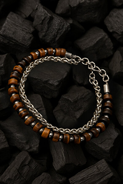 OSMANLI GÜMÜŞ Men's Steel Bracelet - 2 Rows Brown Color Round King Chain Men'...