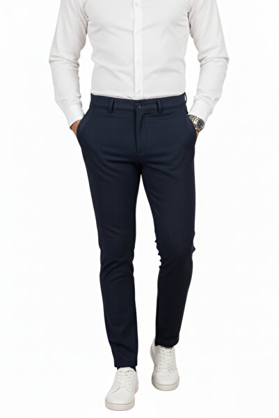 DeepSEA Navy Blue Slim Fit Elastic Waist Striped Textured Stretch Fabric Men's Trousers – Stylish & Comfortable Design 260070