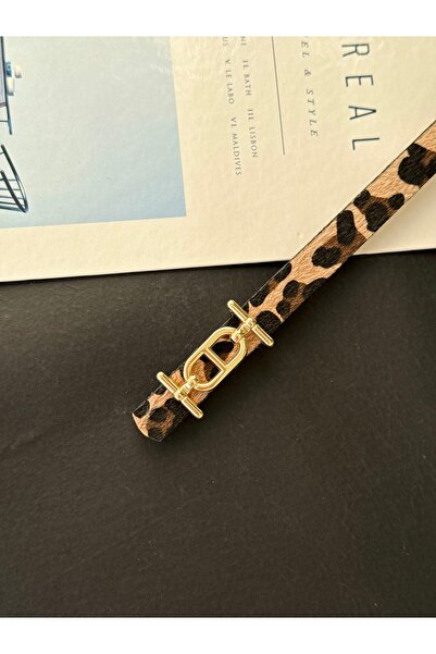 TABA BUTİK Gold Buckle Detailed Leopard Patterned Women's Suede Belt 105 cm