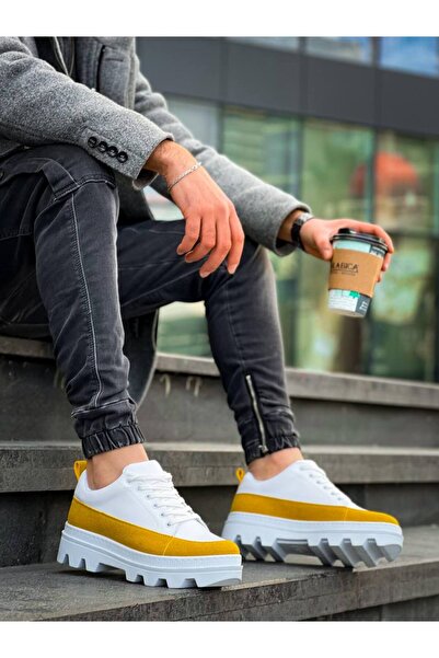 Lucy Shoes Yg-056 Lace-Up Leather Suede Men's High Quality Sneaker Shoes Csbt - White/Yellow