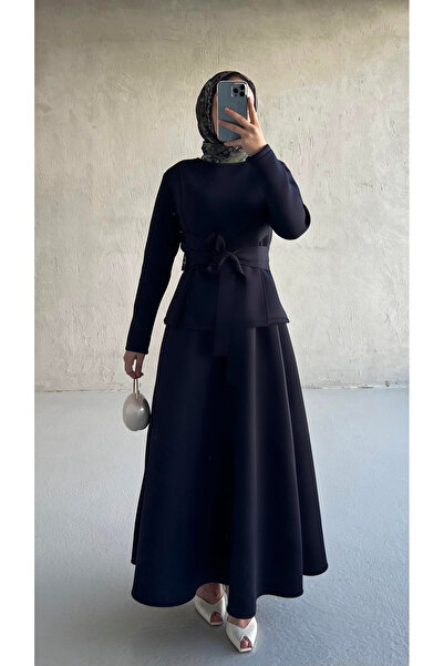 Blue Morpho Scuba Fabric Belt Detailed Skirt Set