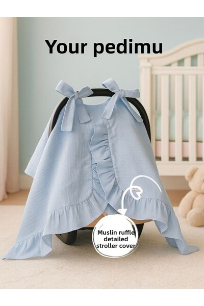 Pedimu غطاء عربة الأطفال بتفاصيل كشكش باللون الأزرق من الموسلين