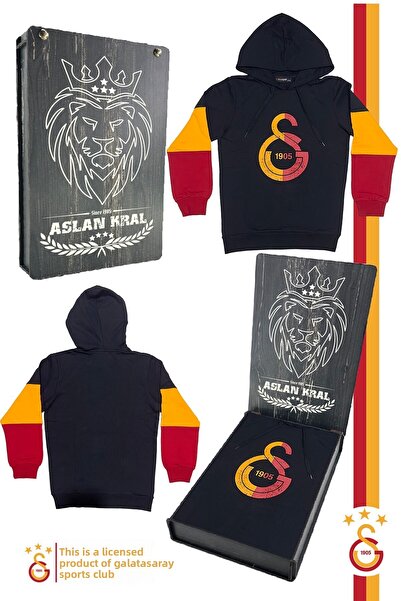 Galatasaray Original Licensed Logo Black Hooded Children's Sweatshirt Gift with Wooden Box
