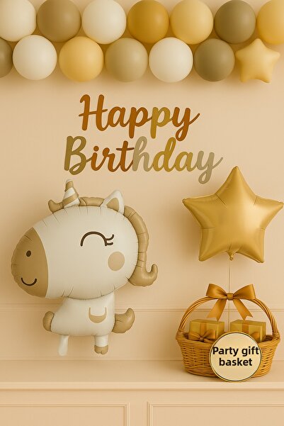 parti hediye sepeti Gold Unicorn & Star Balloon Set |   Beige Cream Birthday ...