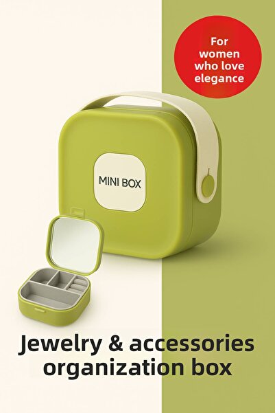 Open Home Concept صندوق مجوهرات صغير مع مرآة ومنظم سفر مكون من 4 أقسام - صندوق تخزين للقلادات والأقراط والخواتم باللون الأخضر