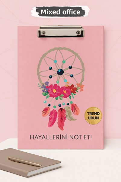 KarmaOfis دفتر ملاحظات A4 – نمط صائد الأحلام الوردي |   حامل ملاحظات متين بمشبك