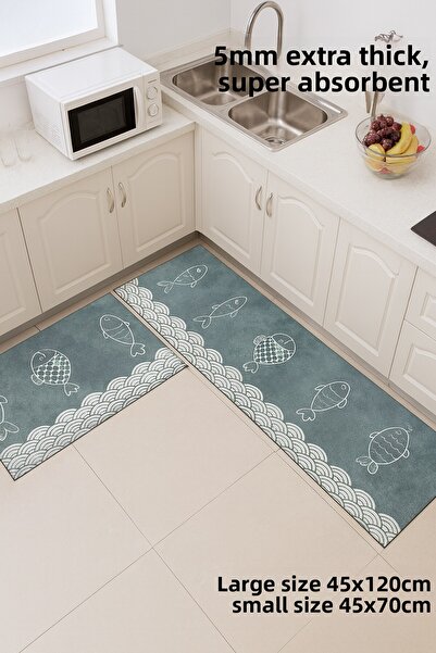 Destpak 2 Pcs Water Absorbent Mat Set - 45X120 and 45X70 cm - 5mm Thickness Extra Water Absorbent Bathroom Kitchen Mat