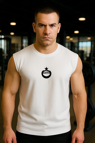 BESSA White Moon Star Printed Athlete Tank Top Crew Neck Cotton Sleeveless Tank Top Men