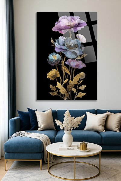 TAULART Tablou din sticlă cu detalii aurii cu flori mov și albastre – Tablou ...