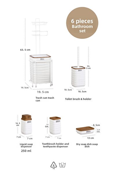 Okyanus Home Λευκή Ξύλινη θήκη χαρτιού με κυματιστό σχέδιο με ανταλλακτικό και σετ μπάνιου 6 τεμαχίων