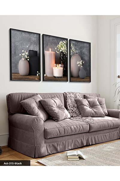 Evinemoda Candle Vase Flowers 3 Piece Black Wooden Framed Painting