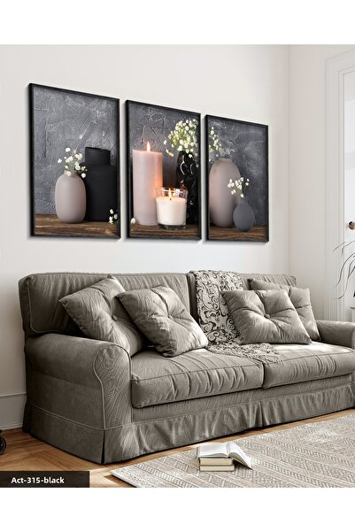 Evinemoda Candle Vase Flowers 3 Piece Black Wooden Framed Painting