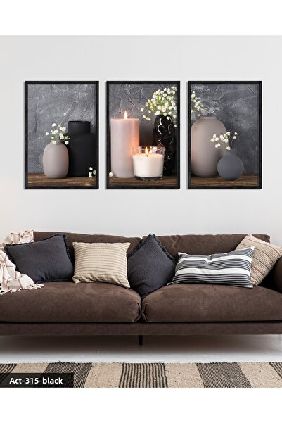 Evinemoda Candle Vase Flowers 3 Piece Black Wooden Framed Painting