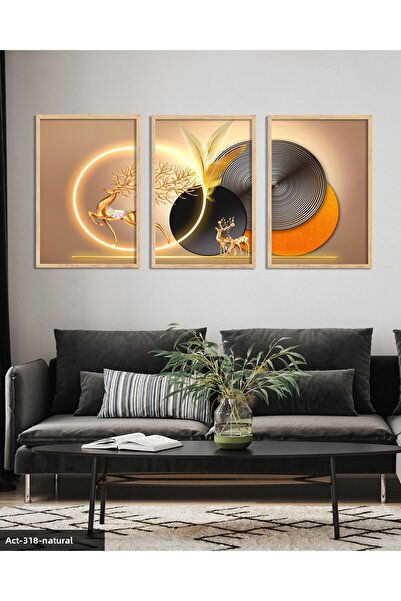 Evinemoda Gold Deer Round Patterns 3 Piece Unilluminated Wooden Framed Painting