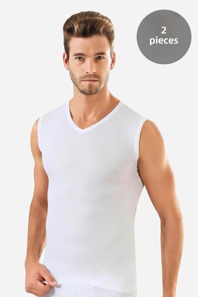 Arma Yıldız Men's White Cotton T-Shirt Zero Sleeve V Neck Sleeveless Undershirt 2 Pack