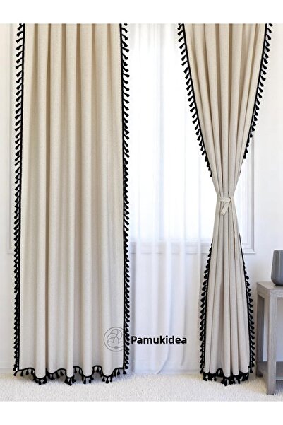 pamukidea Μαύρο Pompom - Φούντες 100% βαμβακερή λινό κουρτίνα - Μονό φτερό - (Εύρος X Μήκος)