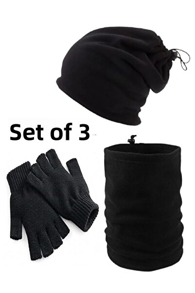 Eke Set of 3 Cold-Proof Thermal Fleece Neck Collar Beret and Knitted Cut-Off Gloves