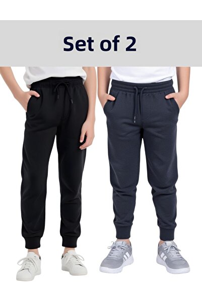 FYK KİDS بنطلون رياضي مزدوج الجيوب للأطفال بدون طباعة مسطحة مكون من قطعتين