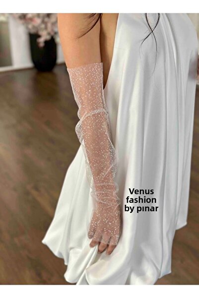 VENÜS MODA by Pınar Mănuși argintii Mănuși lungi din tul alb crăpător 50 cm M...