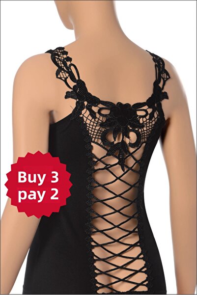 NİSYVE Back Lez Lace Guipure Detailed Strap Square Neck Cotton Black Women's Undershirt