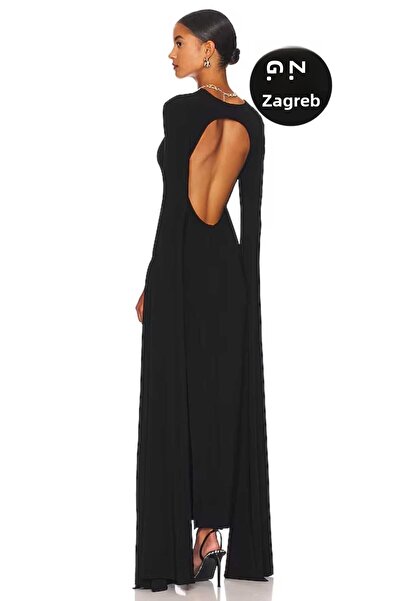Zagrep Γυναικείο μαύρο μάξι φόρεμα με μανίκια με σκίσιμο πίσω φόρεμα από μεταξωτό χαμηλού κοψίματος