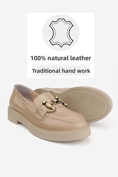 TUNAELLİ WOMEN BEIGE RUGAN GENUINE NATURAL LEATHER BUCKLE LOAFER SHOES