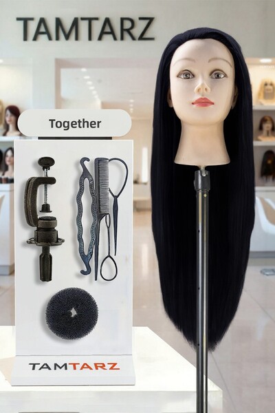 TAM TARZ Manechin negru pentru antrenament pentru coafor - Set de împletituri și cocuri de păr