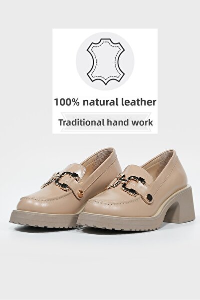 TUNAELLİ Nude Women's Loafers - Size 36-41 Buckle, Natural Leather
