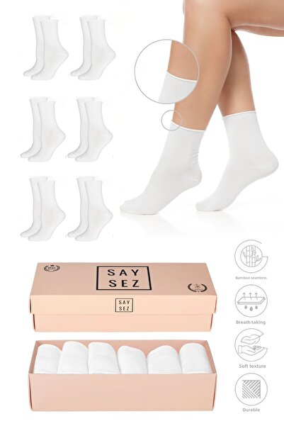 SAYSEZ White Premium Bamboo Socks - Set of 6, Elasticless and Non-Squeezing