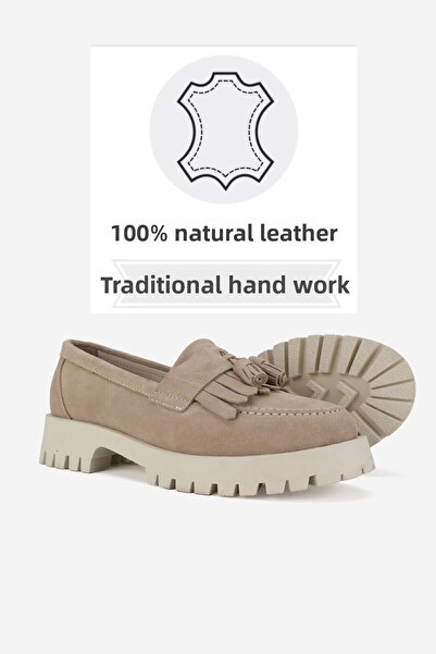 TUNAELLİ Beige Suede - Women's Loafer Shoes, Size 36-41, Tassel and Genuine Leather